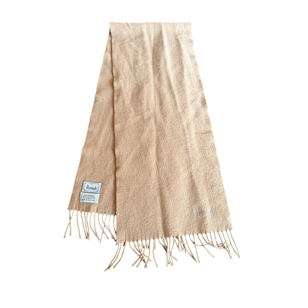 Harrods Scarf Camel Tan 100% Lambswool Made in Scotland Fringe Logo Winter Scarf